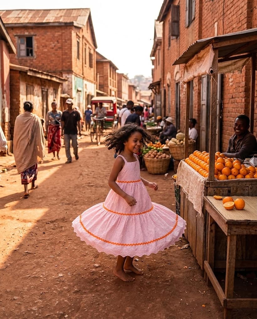 Enfant qui tourne en robe rose au marché