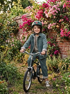 Garçon à vélo portant l'ensemble Koto en velours kaki