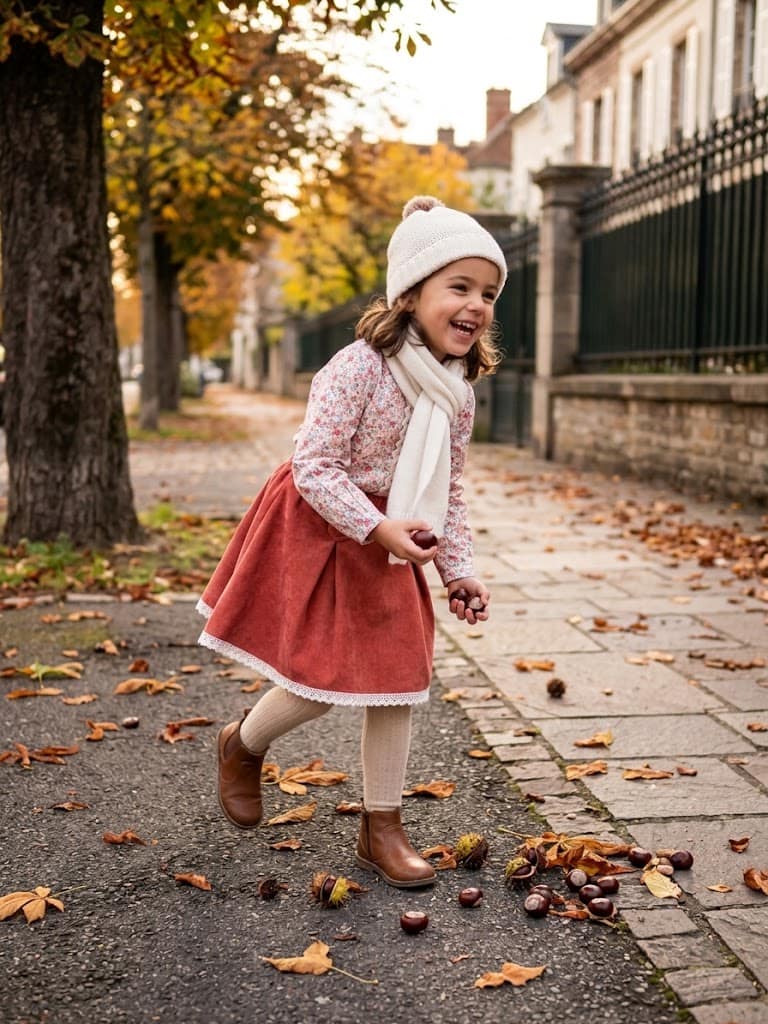 Enfant en jupe de velours caramel et bonnet écru