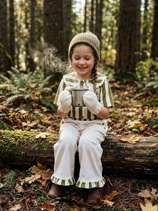 Enfant en ensemble rayé olive et pantalon écru dans la forêt