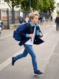 Garçon courant avec son cartable, surchemise Mamy marine à col imprimé bleu